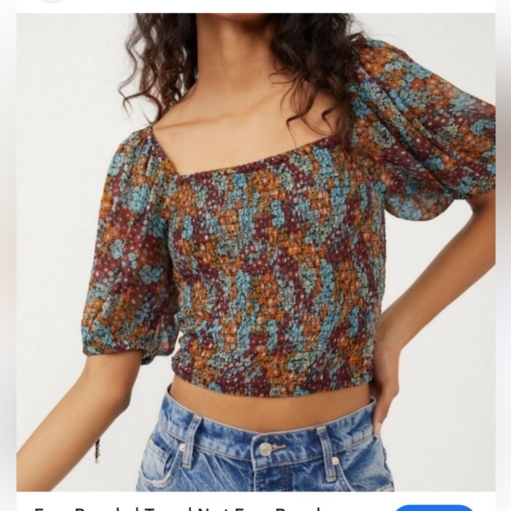 Free People Smocked Puff Sleeve Blouse Brown and Orange